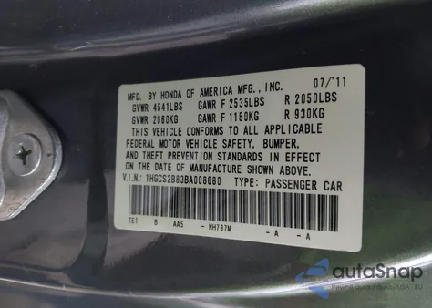 2011 Honda Accord 3.5 Ex-L from USA, damaged, VIN 1HGCS2B83BA008680